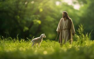 ai generado un Biblia Jesús pastor con su rebaño de oveja durante puesta de sol. generativo ai foto