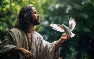 AI generated Jesus Christ with a dove. Jesus baptised concept. Generative AI photo