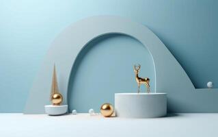 AI generated Podium with christmas decoration by deers in the style of light gray and gold. AI generated photo