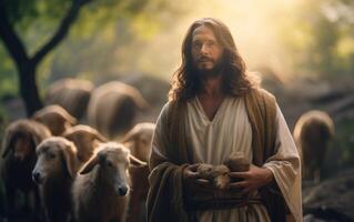 ai generado un Biblia Jesús pastor con su rebaño de oveja durante puesta de sol. generativo ai foto