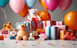 AI generated Cute Toys with colorful balloon and gift box. Ai Generative photo