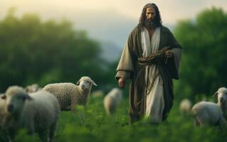 AI generated A bible jesus shepherd with his flock of sheep during sunset. Generative AI photo