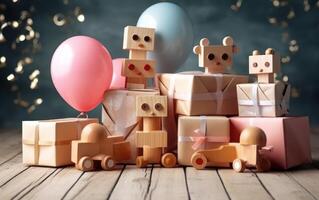 AI generated Cute Toys with colorful balloon and gift box. Ai Generative photo