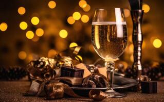 AI generated Champagne for festive cheers with gold sparkling bokeh background. Ai Generative photo