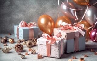 AI generated Happy new year sale. Gift boxes with balloon. AI Generative photo