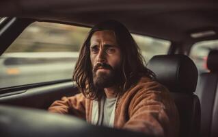 AI generated Jesus driving a car. Christian help concept. Generative AI photo