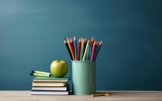AI generated Ready for school concept background with books, pencils and accessory. Generative AI photo