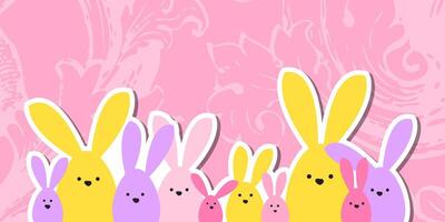Greeting Easter card, colorful easter bunny family on floral background vector