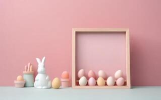AI generated Pastel Easter eggs on pink background top view. Flat lay style. Generative AI photo