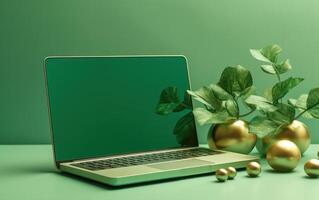 AI generated Green computer laptop on green background, sale banner, Cyber Monday sale, Generative Ai photo