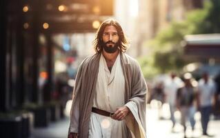 ai generado Jesús caminando en calle. generativo ai foto