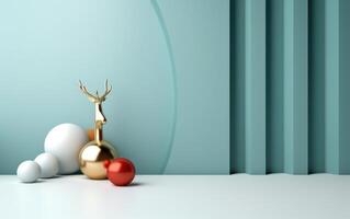 AI generated Podium with christmas decoration by deers in the style of light gray and gold. AI generated photo