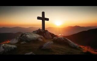 ai generado siluetas de crucifijo símbolo en parte superior montaña con luz de sol. generativo ai foto