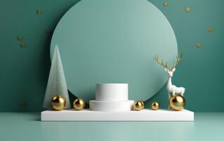 AI generated Podium with christmas decoration by deers in the style of light gray and gold. AI generated photo
