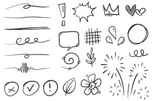 Vector set of hand-drawn cartoony expression sign doodle, curve directional arrows, emoticon effects design elements, cartoon character emotion symbols, cute decorative brush stroke lines.