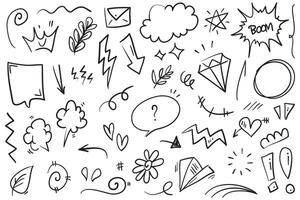 Vector set of hand-drawn cartoony expression sign doodle, curve directional arrows, emoticon effects design elements, cartoon character emotion symbols, cute decorative brush stroke lines.