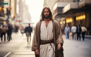 AI generated Jesus walking on street. Generative AI photo