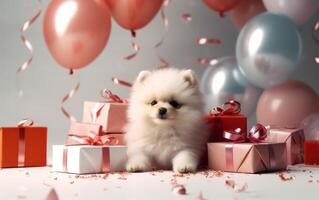 AI generated Cute dog puppy with gift boxes. New Year celebration. Ai Generative photo