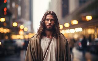 AI generated Jesus walking on street. Generative AI photo