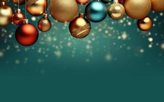 AI generated Christmas frame with balls on a green background, flat lay with copy space. Ai Generative photo