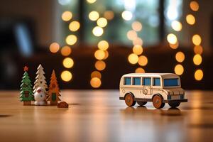 AI generated Bus school on wood table background. Christmas concept. AI Generative photo