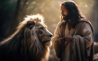 AI generated Jesus with a lion. Christian concept. Generative AI photo