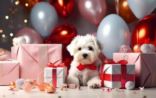 AI generated Cute dog puppy with gift boxes. New Year celebration. Ai Generative photo