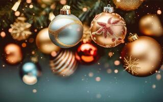 AI generated Christmas frame with balls on a green background, flat lay with copy space. Ai Generative photo
