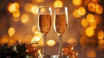 AI generated Champagne for festive cheers with gold sparkling bokeh background. Ai Generative photo