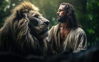 AI generated Jesus with a lion. Christian concept. Generative AI photo