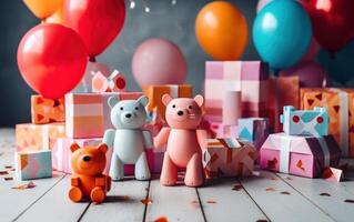 AI generated Cute Toys with colorful balloon and gift box. Ai Generative photo