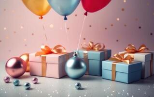 AI generated Happy new year sale. Gift boxes with balloon. AI Generative photo