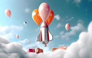 AI generated Space birthday party. Space rocket with balloons on sky. AI Generative photo
