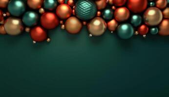 AI generated Christmas frame with balls on a green background, flat lay with copy space. Ai Generative photo