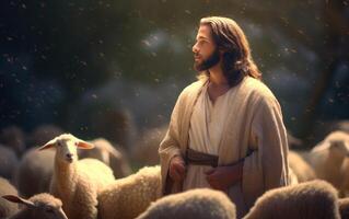 ai generado un Biblia Jesús pastor con su rebaño de oveja durante puesta de sol. generativo ai foto