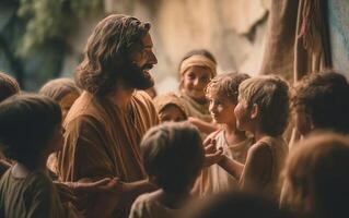 AI generated Jesus Christ talking to children, Jesus and children smiling. Generation AI photo