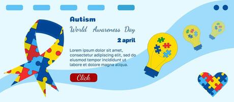 Horizontal Border World Autism Awareness Day. Vector banner with puzzle heart, ribbon and light bulb. Frame for theme of autism, health, support. Design for websites, print, postcards, covers, poster.