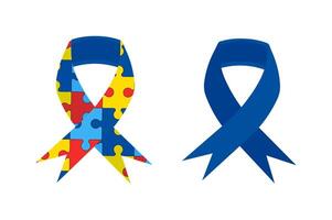 Blue ribbon and puzzle ribbon awareness symbols. World Autism Awareness Day element. Design for poster, flyer, background, card, poster, banner, cover, social media poster. vector