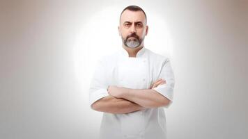 AI generated caucasian man in medical or chef uniform standing with his arms folded, neural network generated image photo