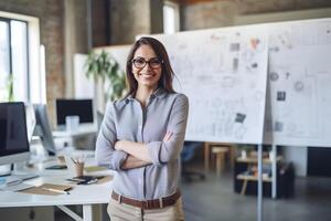 AI generated Happy caucasian female designer standing in office, neural network generated photorealistic image photo