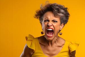 Angry adult Latin American woman yelling on yellow background. Neural network generated photorealistic image. photo
