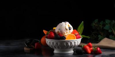 AI generated icecream with fresh fruits in a white ceramic bowl, rich high contrast photorealistic neural network generated image photo