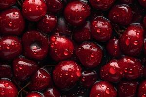 AI generated Fresh red cherry with water drops seamless closeup background and texture, neural network generated image photo