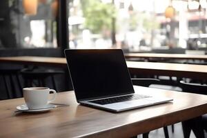 ai generado ordenador portátil computadora con blanco pantalla en mesa de público café a verano día, neural red generado imagen foto