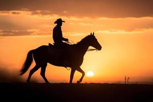 ai generado silueta de un vaquero en un caballo a atardecer, neural red generado fotorrealista imagen foto