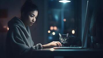 AI generated young adult asian woman using laptop sitting at working table with her cat, neural network generated art photo