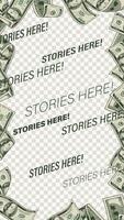 Vertical stories template with frame of money. 100 dollar bills around. Social media story size. Layout for advertisement with copy space. Detailed illustration vector