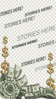 Vertical stories template with heap of money. Pile of 100 dollar bills, stacks, wads, gold dollar sign. Social media story size. Layout for advertisement with copy space. Detailed illustration vector