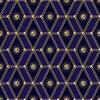 Abstract geometric pattern with hexagons, golden realistic jewelry chains, beads on dark blue background. Vintage geometric backdrop. Classic elegance design. vector