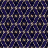 Abstract geometric pattern with hexagons, golden realistic jewelry chains, beads on dark blue background. Vintage geometric backdrop. Classic elegance design. vector